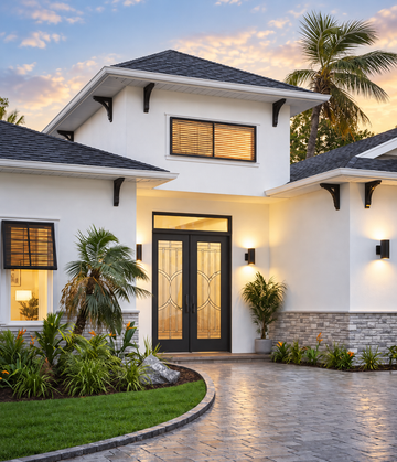 Modern home with double glass entry doors and warm exterior lighting