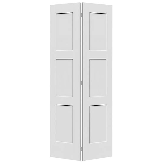 Primed 3-panel shaker closet bifold door with two folding leaves
